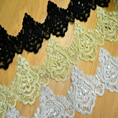 £4.99 • Buy Bridal Dress Lace Trim Embroidered Beaded Ribbon Wedding Costume Blossom Edging