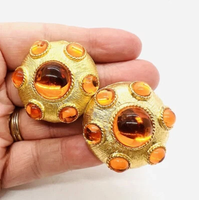 $59.99 • Buy Large Brushed Gold Tone & Orange Cabochon 80’s Earrings Vintage Jewelry