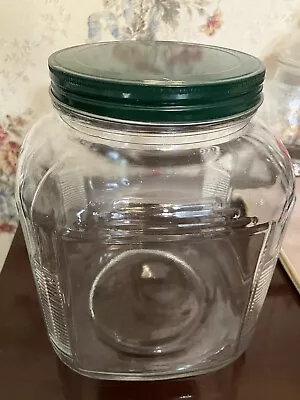 Vintage Glass Biscuit Cracker Hoosier Jar With Green Metal Tin Lid 6 1/2 X 8 1/2 • $18