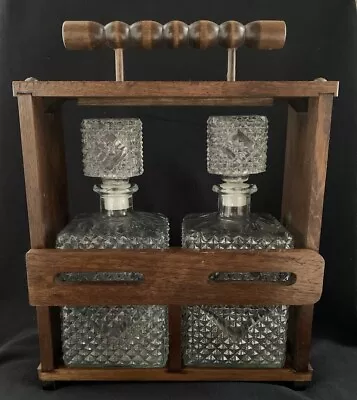 Vintage Mid Century Locking Wood Tantalus W/ 2 Glass Diamond Point Decanters • $152.44