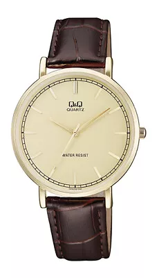  Q&Q $115 MENS Watch CLASSIC GOLDGOLD DIAL BROWN LEATHER STRAP WATCH  • $24.99