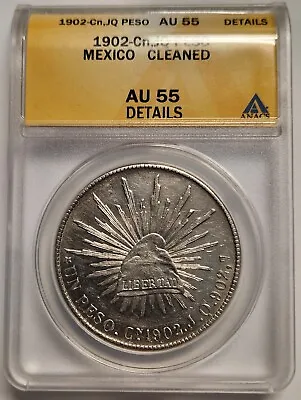 1902 Cn JQ Mexico Un Peso Silver Coin ANACS AU55 Details • $139.94