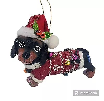 Dachshund Doxie Dog  Decked Out  Ornament Santa Hat String Lights Sweater 3   • $8.95