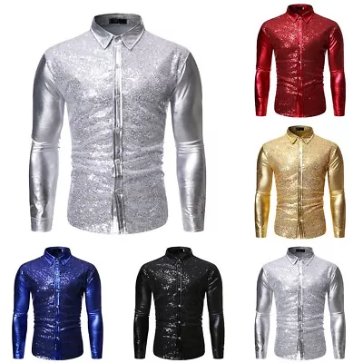 Men's Slim Fit Sparkle Sequin Shirt Button Front Long Sleeve Party Top • £17.16
