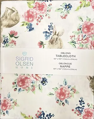 Sigrid Olsen Bunny Rabbit Cabbage Roses Garden Cloth Tablecloth 60” X 102” • $49.95