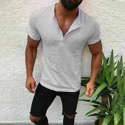 $15.95 • Buy Men Slim Fit V Neck Short Sleeve Muscle Tee Top T-shirt Henley Casual Tee Shirts
