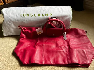 NWT LONGCHAMP LE PLIAGE Weekender Duffel Bag LEATHER Pink AUTHENTIC • $395