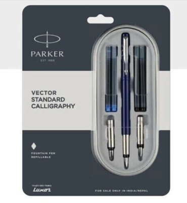£14.82 • Buy PARKER VECTOR STANDARD CALLIGRAPHY FOUNTAIN PEN WITH STAINLESS STEEL TRIM BLUE P