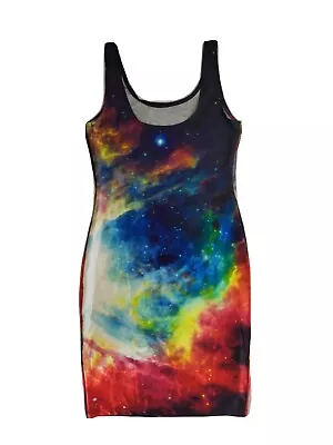 Womens Size 8 Galaxy Celestial Bodycon Tank Dress S New Y2K Rainbow Tie Dye • £14.95