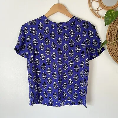 Madewell 100% Silk Zipper Back Short Sleeve Shirt XS Cobalt Blue Black Floral • $10