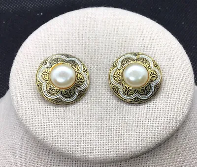 Vintage Gold Tone Costume Etched Faux Pearl Clip Earrings A857 • $5.99