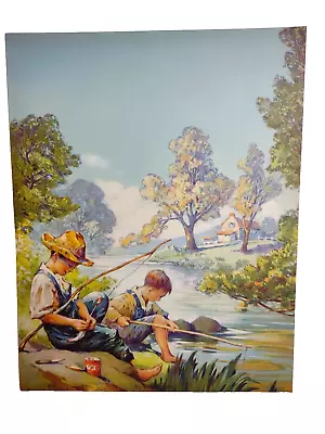 Country Children Fishing  Scenic Cottage Lake Art Print Vintage 1940s Fishin • $12.75