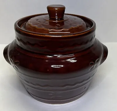 VTG Marcrest Stoneware Daisy Dot Brown Glazed Oven Proof Crock Bean Pot /Lid USA • $34.99