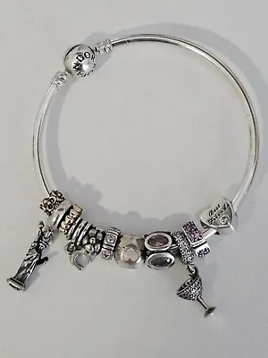 $59 • Buy Pandora Sterling Silver Bangle With 9ct Gold & Silver Charms