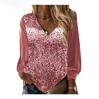 Ladies Shirts Glitter Blouses Women Sequins Tops Long Sleeve V Neck Loose Blouse • £11.08