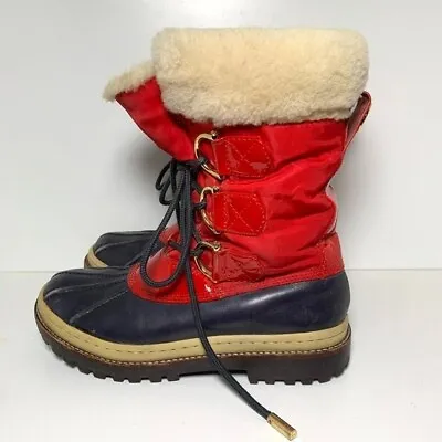 Tory Burch Duck Rain Lace Up Waterproof Boots Navy Red 5 • $50