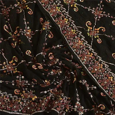 Sanskriti Vintage Long Black Dupatta/Stole Pure Georgette Silk Hand Beaded Veil • $64.99