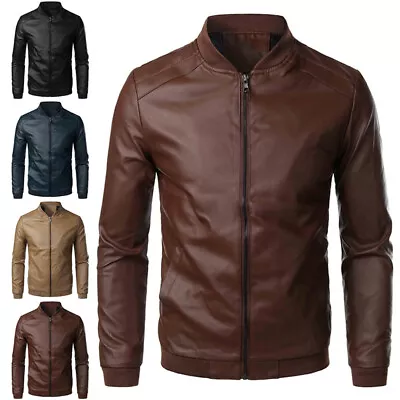 Mens Long Sleeve Pu Leather Stand-Up Collar Coat Slim Fit Zip Up Jacket Outwear • $38.65