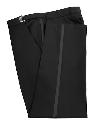 Men's Black Tuxedo Pants 100% Wool Fitted Flat Front 30-32  Waist Long Rise • $39.56