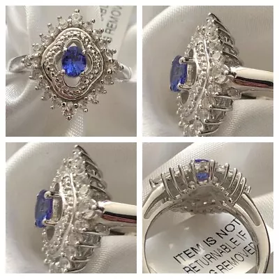 AAA Tanzanite Natural Cambodian Zircon Ring Size P Platinum Overlay Silver 925  • £47