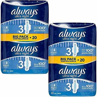 £10.80 • Buy Always Ultra Night Sanitary Towels Pads Size 3 Wings Womens Pack Of 20 X2 Pack