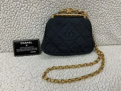 Chanel Vintage Black Fabric Mini Clutch GHW Mademiselle Long Chain RARE • $1499