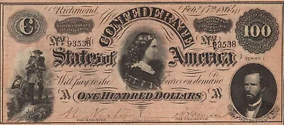 1864 $100 T65 *Repro* CSA Currency Soldiers Lucy Pickens & George Randolph • $3.50
