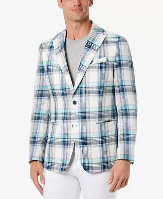 TALLIA Men's Slim-Fit Multicolor Plaid Blazer Blue 44L Sport Coat Linen 2 Button • $21.12