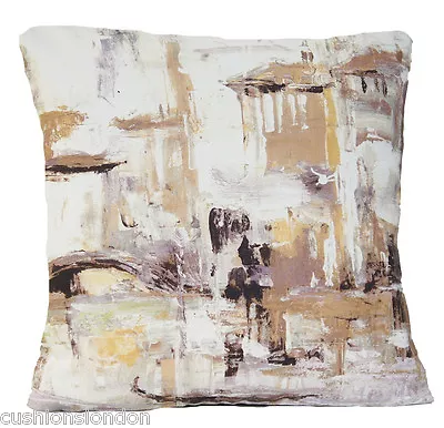 Venice Cushion Cover Beige White Tobacco Printed Buildings Painting Vintage 16” • £9.99