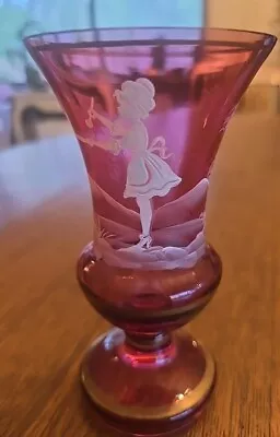 Vintage Fenton Mary Gregory Hand Painted Cranberry Art Glass Vase 1970's Girl • $28