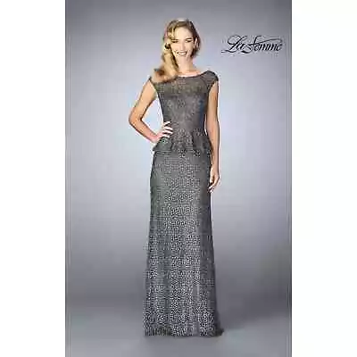 LA FEMME NEW $768 Cap Sleeve Peplum Gown In Gunmetal Style 24896 Size 4 • $107.99