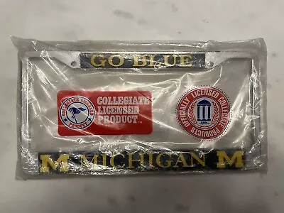 Vintage Michigan Wolverines Go Blue License Plate Chrome Frame Silver • $15