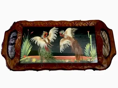 Mexican Folk Art Feathercraft Cockfight Hand Carved Wood Frame Tray 23” Vintage • $24.97