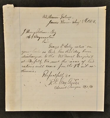 $75 • Buy 1862 Civil War Discharge To Naval Hospital Norfolk, Va US Steamer Galena