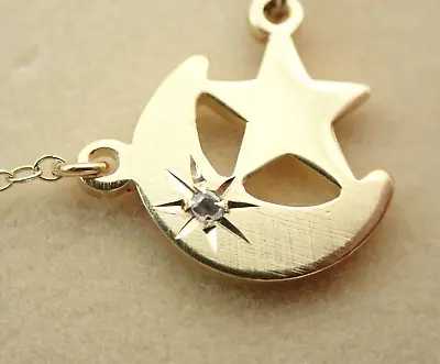Vintage Gold Filled Diamond Crescent Moon Star Pendant Necklace New Old Stock • $32.95