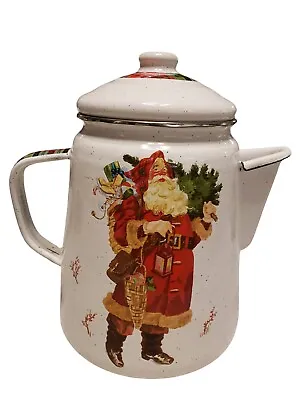 Vintage Hallmark Enamel Christmas Holiday Santa Tall Teapot Kitchen • $19.99