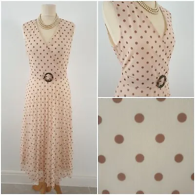 £25 • Buy Vintage 1920s 1930s Downton Style Cream Polka Dot Pleated Belted Dress Size 12 