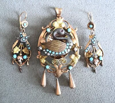 Antique VICTORIAN 3pc MOURNING JEWELRY 12k & 14k Gold BIRD Swan BROOCH EARRINGS • $999.95