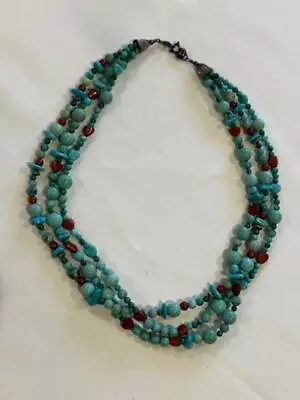 Vintage Southwest Silver Turquoise & Coral Triple Strand 20  Necklace - Tribal • $35