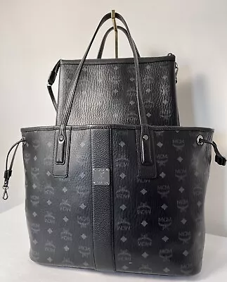 🌟MCM Reversible Liz Shopper Visetos Medium Black Tote Handbag Tote Pouch LIKE N • $399