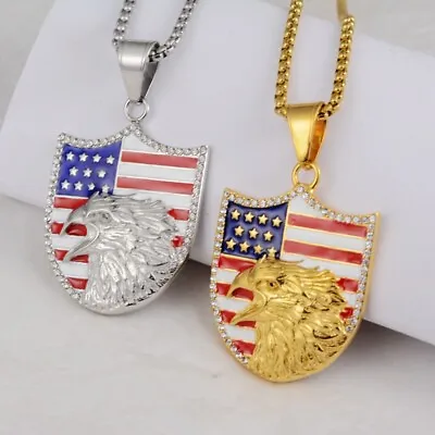 Men's Stainless Steel Amulet American Flag And Eagle Pendant Necklace Jewelry • $9.99