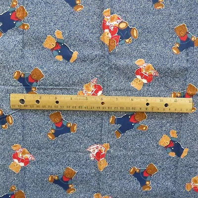 Vintage Teddy Bear Toss Fabric FAUX Denim Blue Cotton 1.2 YD • $13