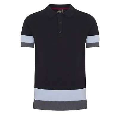 Mens Merc London Block Stripe Knitted Cotton Polo Shirt Captain - Black • £42.99