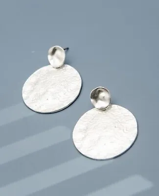 Matte Silver Hammered Double Circle Drop Earrings • $10