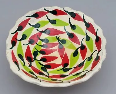 Vintage Ceramic Chili Peppers Bowl Footed Hand Painted Folk Art Guacamole Salsa  • $16.50