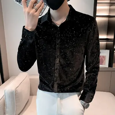 Mens Glitter Velvet Blouse Shirt Top Pleuche Slim Long Sleeve Fashion Costume • $30.36