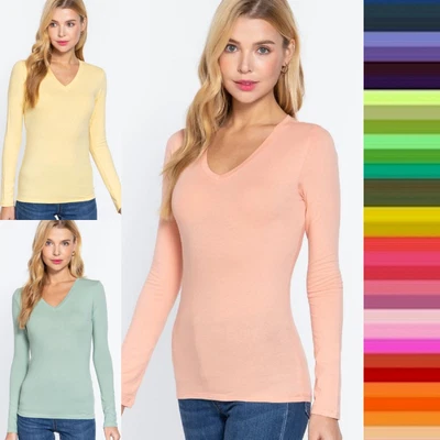 $7.45 • Buy Women's V Neck Long Sleeve T Shirt Basic Stretch Top US Sizes S-XL Plus 1X 2X