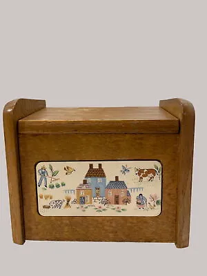 Vintage Oak Recipe Box For 5 X6  Cards Retro Ceramic House Motif Inset Into The • $24.99