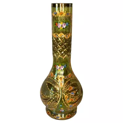 Vintage Czech Bohemian Handpainted Green Cut Glass Vase With Gold Painted Detail • $225