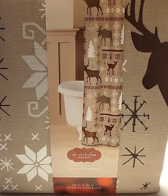 St Nicholas Square Shower Curtain Patchwork Winter Moose Buck Deer Nordic Design • $21.96